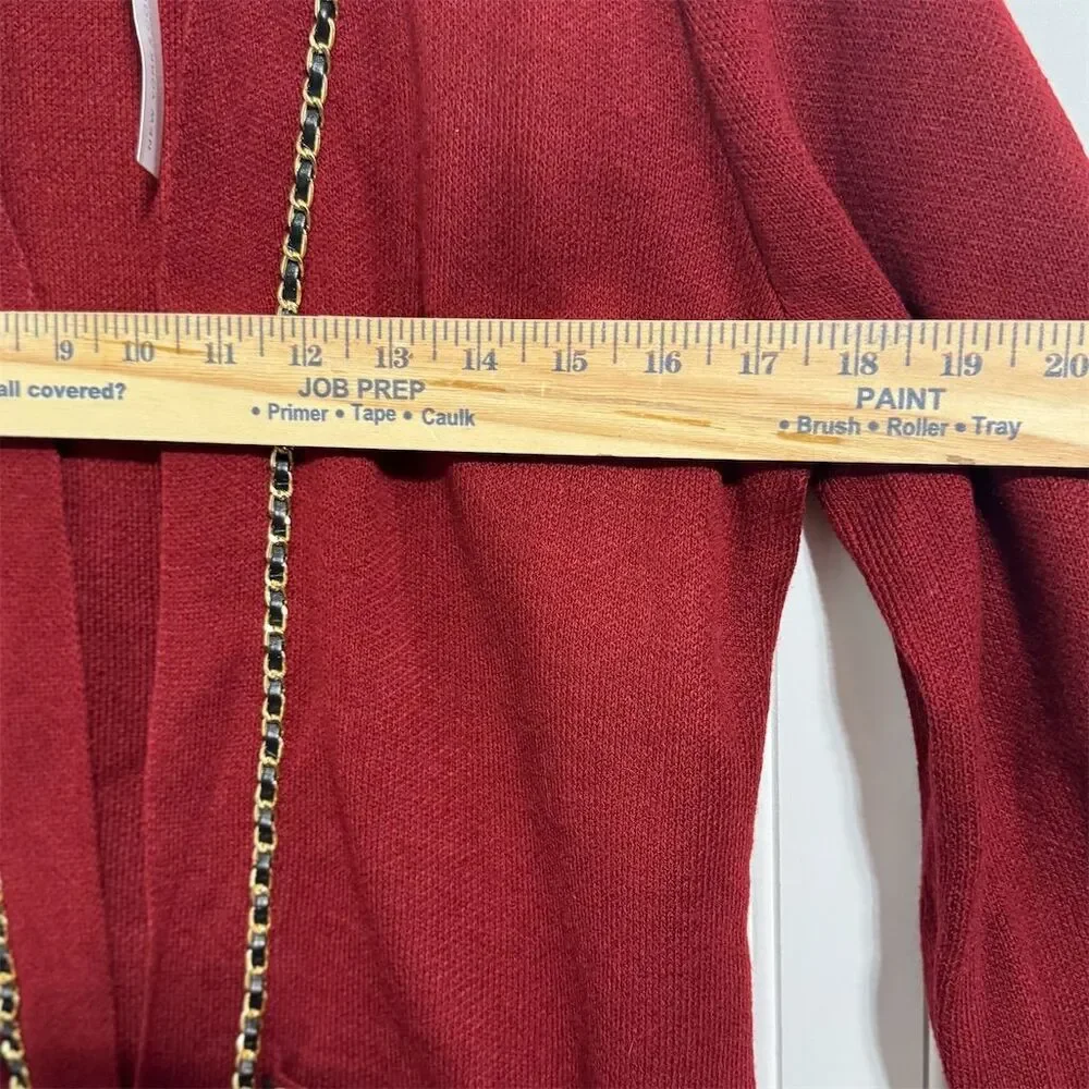 NWT New York & Company Cardigan Sweater XS Red Gold Chain Trim OpenFront Holiday